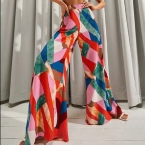 Luukse Wide Leg High Rise Pants Womens Sz Large Multicolour Geometric Print Boho